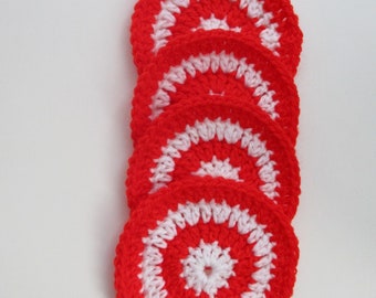 set of 4 coasters, red & white coasters, crochet drink mats