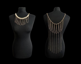 Goldene Rückenkette mit Quasten-Halskette – Körperkette – Rücken-Halskette – Perlen-Rückenkette – Brautschmuck – Rücken-Tropfen-Halskette – Perlenkette