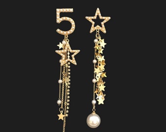 Gold Five Star Drop Earrings - Star Earrings - Party Earrings - Tassel Earrings - Pearl Earrings - Dangle Earrings - Star Jewellery