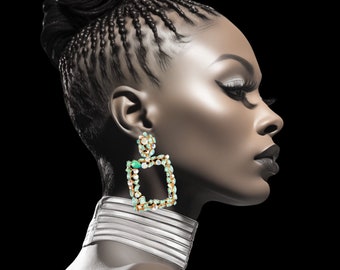 Green Crystal Geometric Drop Earrings - Drop Earrings - Big Earrings - Crystal Earrings - Fashion Earrings - Sparkly Earrings - Earrings