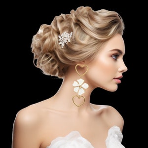 Floral Heart Drop Earrings - Flower Earrings - Heart Earrings - Large Earrings - Big Earrings - Statement Earrings - Jewellery