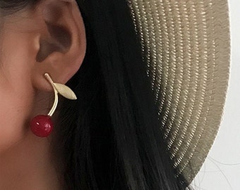 Gold Leaf Red Cherry Earrings - Cute Earrings - Cherry Earrings - Stud Earrings - Fruit Earrings