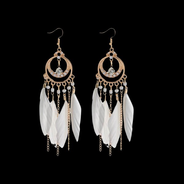 White Feather Mandala Dream Drop Tassel Earrings - White Feather Earrings - Mandala Earrings - Dreamcatcher Earrings - Boho Earrings - White