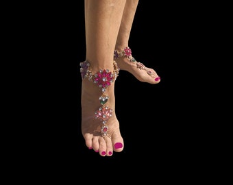 Crystal Flower Barefoot Sandals - Crystal Barefoot Sandals -  Barefoot Sandals - Bling Foot Jewellery - Beach Jewellery - Crystal Anklets