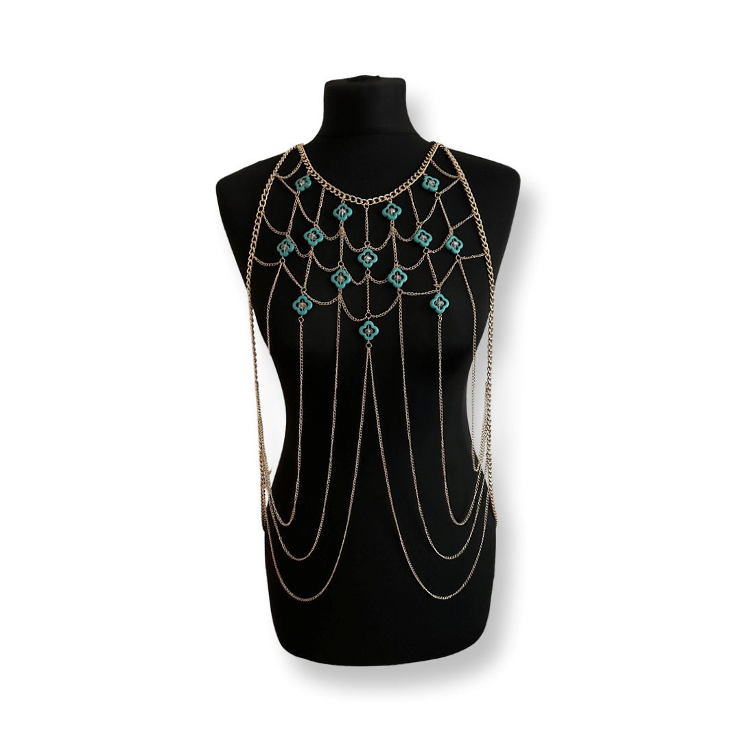 Gold & Turquoise Body Chain Body Jewellery Body Chain Chest Chain ...