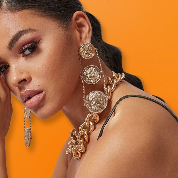 Large Gold Coin Drop Earrings Statement Earrings Big Gold Earrings