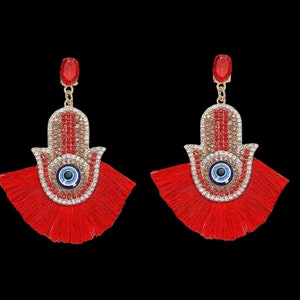 Rhinestone Hand of Fatima Tassel Earrings - Tassel Earrings - Colourful Earrings - Hand Of Fatima Earrings - Evil Eye Earrings