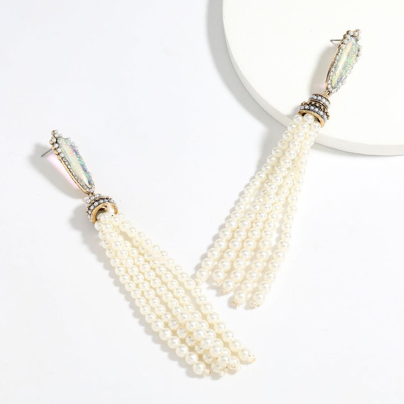 Crystal Pearl Long Tassel Earrings Pearl Earrings Tassel Earrings Boho Tassel Earrings Long Earrings Statement Earrings image 1