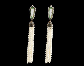 Crystal Pearl Long Tassel Earrings - Pearl Earrings - Tassel Earrings - Boho Tassel Earrings - Long Earrings - Statement Earrings