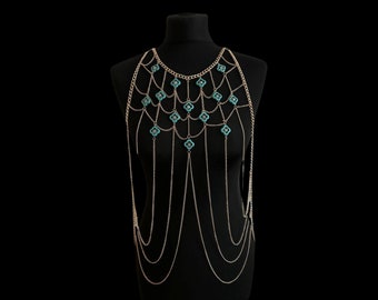 Gold & Turquoise Body Chain - Body Jewellery - Body Chain - Chest Chain - Shoulder Jewellery - Necklace Body Chain - Boho Jewellery