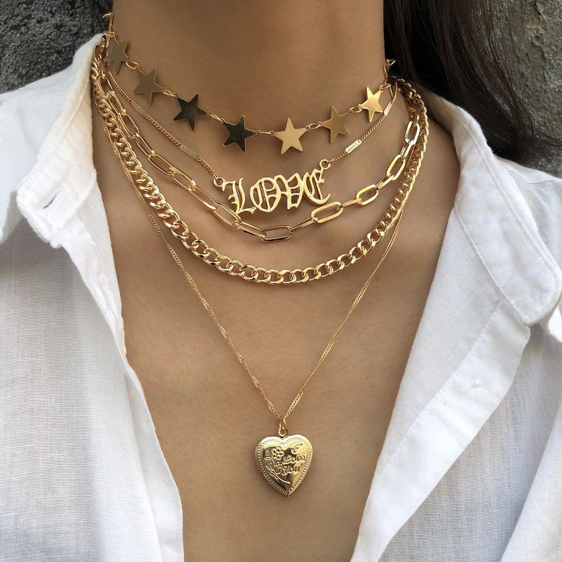 Multi Layered 'Love' Gold Chain with Heart Pendant Etsy