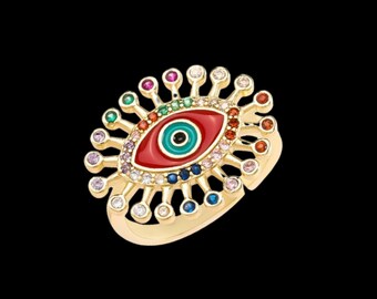 Gold Crystal Spike Eye Ring - Evil Eye Rings - Evil Eye Jewellery - Gold Rings - Statement Rings - Colourful Rings - Red - Black