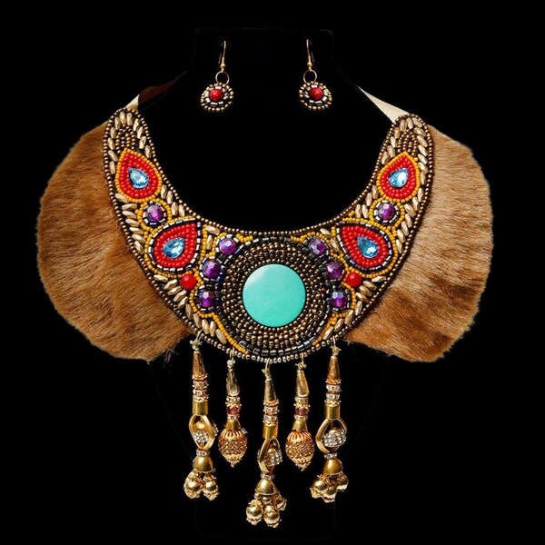 Multi Colour Bead & Fur Collar Bib Necklace - African Statement Necklace - Statement Necklace - Bib Necklace - Statement Jewellery - Tribal