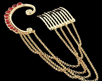 Gold And Siam Red Crystal Ear Hook With Chain Connecting Hair Comb - Ear Hook - Hair Jewellery - Hair Accessory  - Hair Accessories