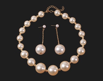 Oversized Pearl Drop Earrings & Necklace Set - Pearl Earrings - Pearl Drop Earrings - Long Earrings - Pearl Necklace - Big Pearl Necklace