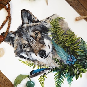 DIPINTO lupo animale guida, totem del lupo, animali totem, dipinto acrilico su carta, animali del bosco, illustrazione animali, botanica