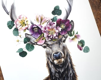 Deer totem PRINT, deer animal guide, animal illustration, forest animals, botanical illustration, spirit guide