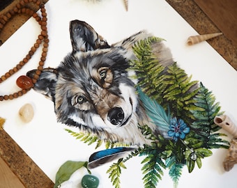 PAINTING wolf guide animal, wolf totem, totem animals, acrylic painting on paper, woodland animals, animal illustration, botany