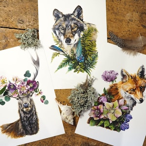 SET 3 A5 PRINTS totem fox, deer and wolf, animal illustrations, animal art, totem animals, guide animals, giclée prints, home decor