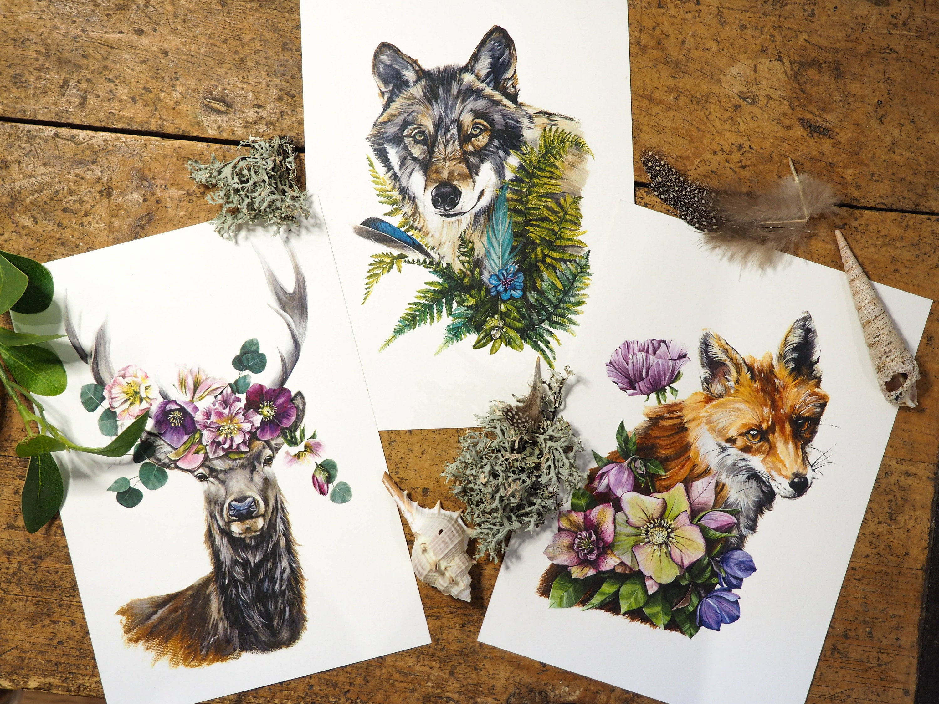 SET 3 A5 PRINTS totem fox, deer and wolf, animal illustrations, animal art, totem animals, guide animals, giclée prints, home decor