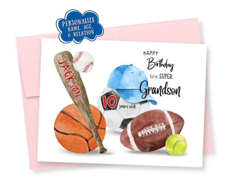 Personalized Sports Birthday Card: Custom Name, Age, & Relation Pink Envelope
