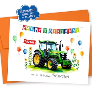 Personalized Green Tractor Birthday Card: Watercolor John Deere Truck, Custom Name, Age, Relation