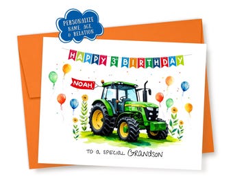 Personalized Green Tractor Birthday Card: Watercolor John Deere Truck, Custom Name, Age, Relation