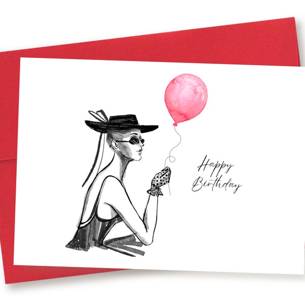 Chic Birthday Card, Woman Birthday Card, Red Balloon Card, Elegant Birthday Card, Fabulous Card, Card For Her, Glamor, Fashion, Hat, Gloves