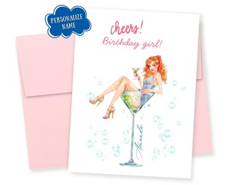 Personalized Watercolor Woman in a Cocktail Martini Glass Birthday Cheers Greeting Card: Custom Name, Glitter Detail
