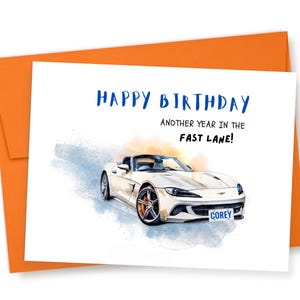 Personalized Sports Car Birthday Card: Watercolor, Another Year in the Fast Lane, Glitter Embellished