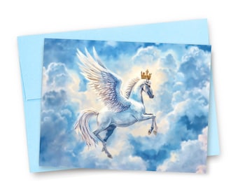 Heavenly Glory, Watercolor White Horse with Wings and Crown
