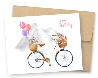 Personalized Bicycle Birthday Card, Bike Birthday Card For Her, Birthday Adventure, Bicycle Birthday, Balloons, Mountain Biker Card