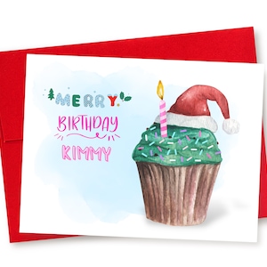 Personalized December Birthday Card, Merry Christmas Happy Birthday Card, Holiday Merry Birthday Card, Christmas Birthday Cupcake, Santa Hat