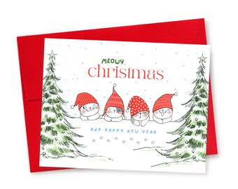 Meowy (Merry) Christmas Card, Cat Lover Holiday Greetings Watercolor
