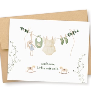 Neutral Baby Shower Card, Beige and Green Baby Card, Expecting Mother Card, Baby Congratulations Card, Welcome Baby Card, Baby Laundry Card