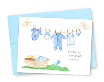 Baby Shower Congrats Greeting Card: Watercolor Blue Baby Boy Clothes on the Clothesline