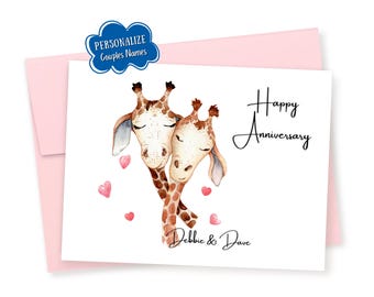 Personalized Watercolor Giraffes Happy Anniversary Card: Couples Card, Custom Names