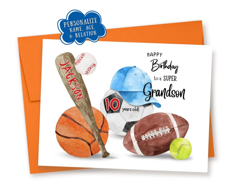 Personalized Sports Birthday Card: Custom Name, Age, & Relation Orange Envelope