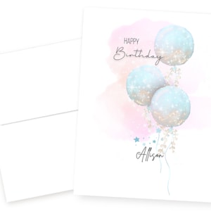 Personalized Sparkly Balloons Celebration Birthday Card, Card For Her, Daughter, Mom, Sister, Friend, Wife, Watercolor Card, Balloons Card