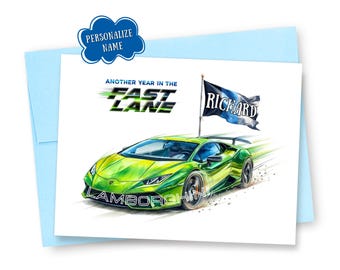 Personalized Lamborghini Birthday Card: Watercolor Exotic Sports Car, Custom Name