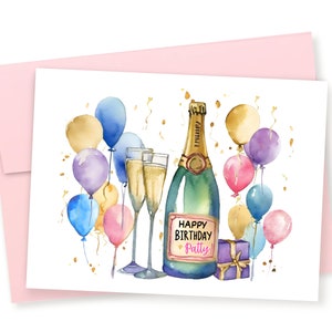 Personalized Champagne Party Happy Birthday Card, Birthday Card For Her, Birthday Cheers, Alcohol Birthday Card, Celebration Card, Balloons