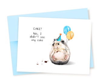 Funny Hedgehog Birthday Card: Watercolor Cake Design, Glitter Detail