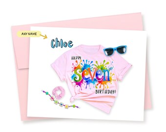 Personalized 7th Birthday Card for Girl: Pink T-Shirt Design