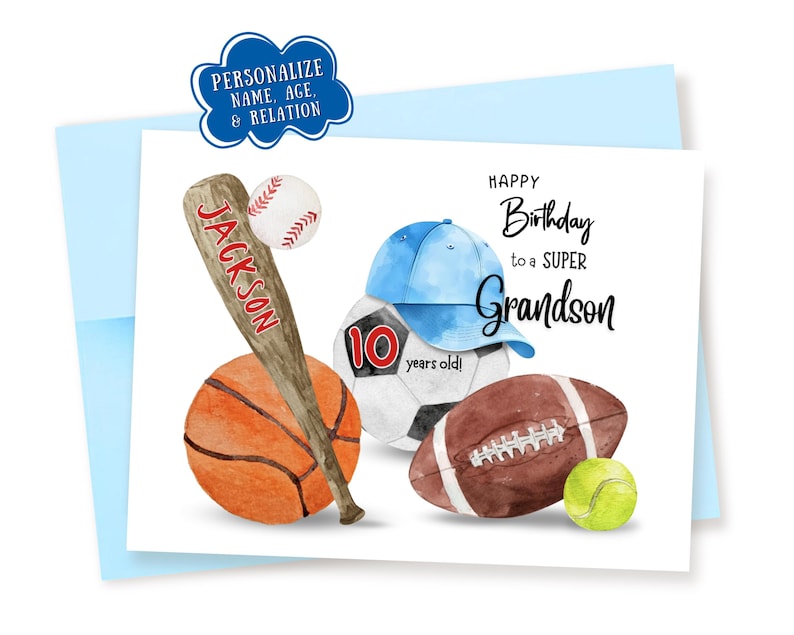 Personalized Sports Birthday Card: Custom Name, Age, & Relation Blue Envelope