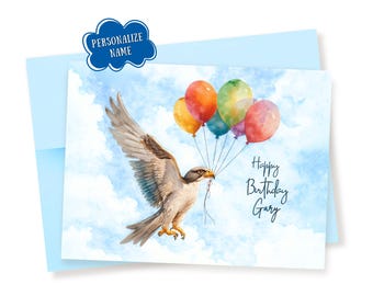 Personalized Falcon & Balloons Watercolor Birthday Card: Handmade Bird Greeting Card, Custom Name