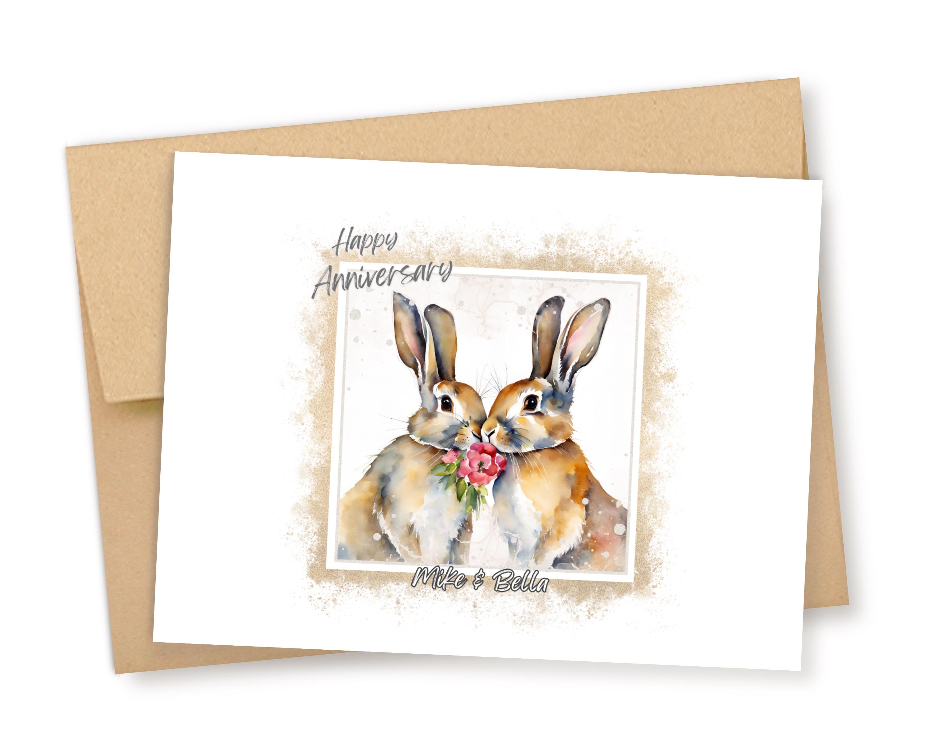 Personalized Anniversary Card, Watercolor Bunny Rabbits in Love - Etsy