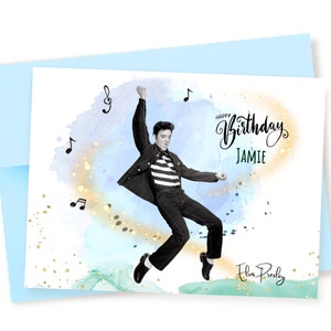 Personalized Watercolor Elvis Birthday Card: Jail House Rock, Glitter Detail
