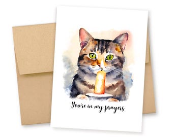 Cat Holding Prayer Candle, Comfort Card; You're in My Prayers