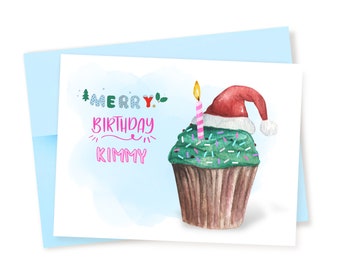 Personalized December Birthday Card, Christmas Birthday Card, December B-day Card for Friend, Merry Birthday, Birthday Cupcake Santa Hat