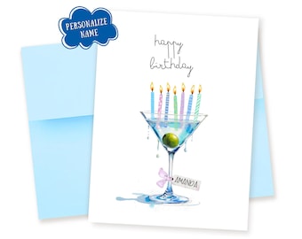 Personalized Watercolor Martini & Olive Splash Cocktail with Birthday Candles: Greeting Card